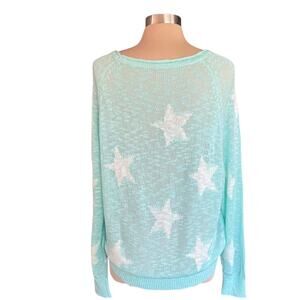 Aqua White Star Loose Weave Slouchy Sweater LARGE Beachy Whimsical Layering